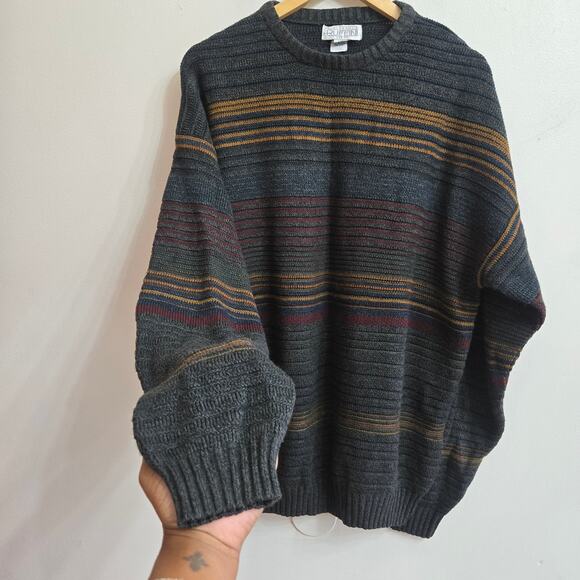 Gianfranco Ruffini Mens Vintage 90s Grandpa Textured Open Knit Stripe Sweater L - Picture 4 of 10